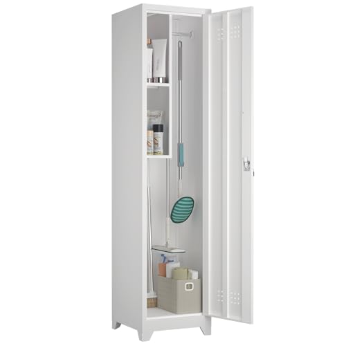 STEELIST 65"H White Slim Locking Cabinet with Shelf & Hanging Rod, 15.75" W