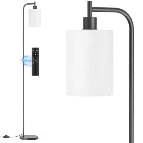 Floor Lamp with Linen Shade, Dimmable Tall Standing Lamp with Remote Control & 3 Color Temperatures, Modern Floor Lamps for Living Room Bedroom Office Corner, 9W LED Bulb Included