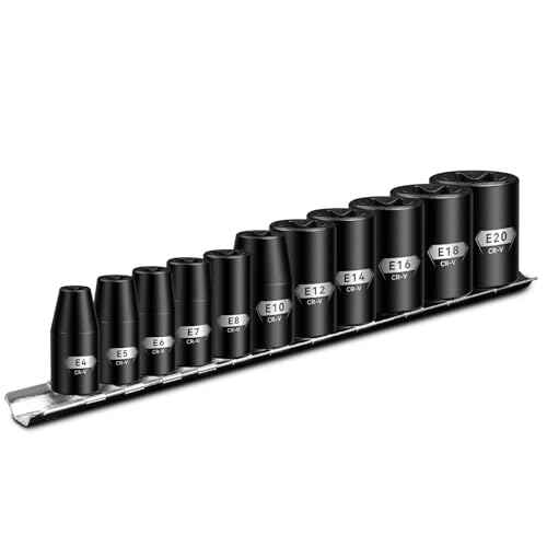 BLACKROBOT E Torx & Star Socket Set With Rail, 11-Piece Female External Sockets, 3/8" 1/4" Drive Precision Torque Inverted Torx Kit, E4 E5 E6 E7 E8 E10 E12 E14 E16 E18 E20 Reverse Socket