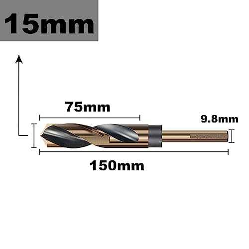 15mm Reduced Shank Twist Drill Bit with 10mm Shank for Stainless Steel Aluminum Alloy Metal Copper Plastic Wood, Made of High Speed Steel 4341, Ideal for Drilling Steel Plate