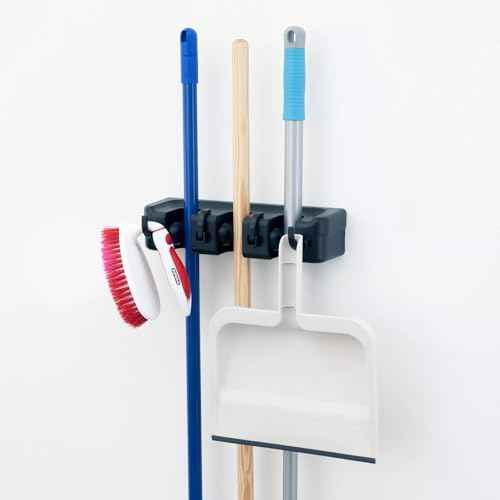 Broom and Mop Holder Wall Mount, Hooks Hanger for Mops and Broom, Organizer Kit with 3 Slots and 4 Hooks, Perfect for House, Bathroom, Laundry, Garden, Tool Room, Garage, Wall Mounted, Black