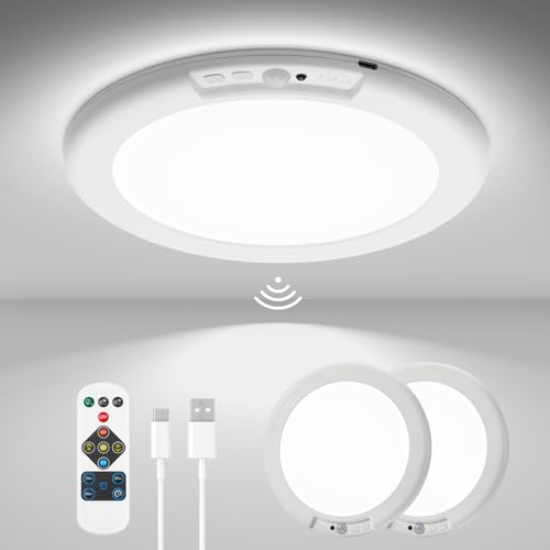 Wowatt Rechargeable 2-Pack Ceiling Lights with Motion Sensor, 3 Color Modes