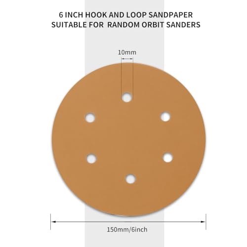 50 PCS 6 Inch Sanding Discs Hook and Loop 320 Grit, 6 Hole Sand Paper Disc for Random Orbital Sander, Gold Random Orbital Sandpaper Pads
