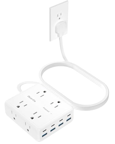 Olcorife 10 FT Flat Plug Power Strip with 8 Outlets & 8 USB Ports - 3 Sided Extension Cord for Home & Travel, White