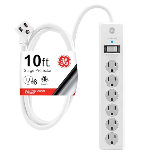 GE Surge Protector Power Strip 6 Outlets, 10 Ft Extension Cord, White, 1 Pack