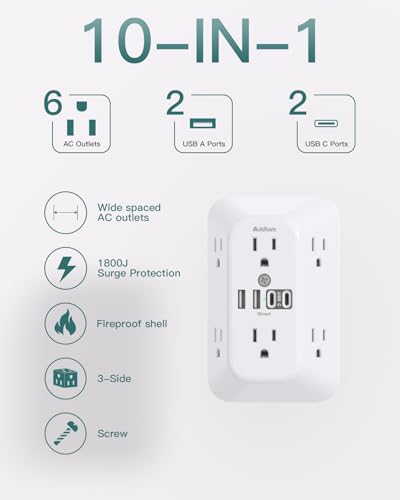 Addtam White Surge Protector Outlet Extender with 6 AC & 4 USB Ports (No PD, 1 Pack)