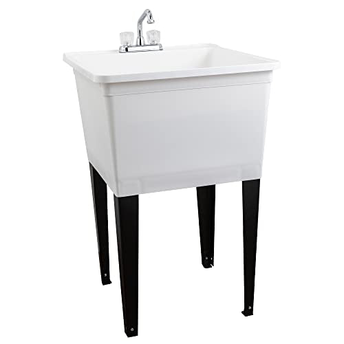 White 21-Gallon Freestanding Utility Sink with Chrome Faucet & Adjustable Legs