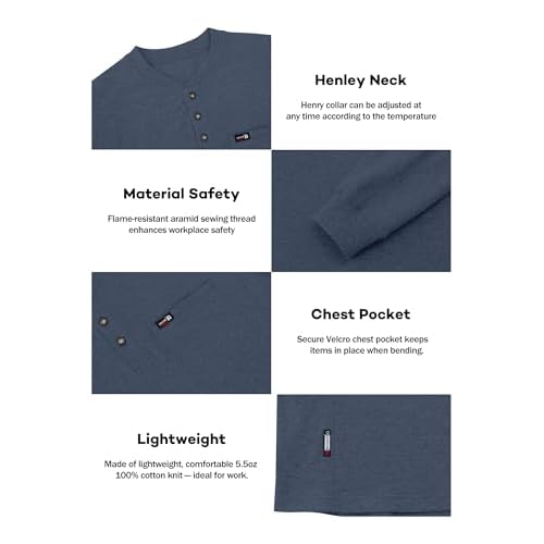 FR Shirts for Men 5.5oz 100% Cotton Lightweight Flame Resistant Long Sleeve Henley Shirt CAT2