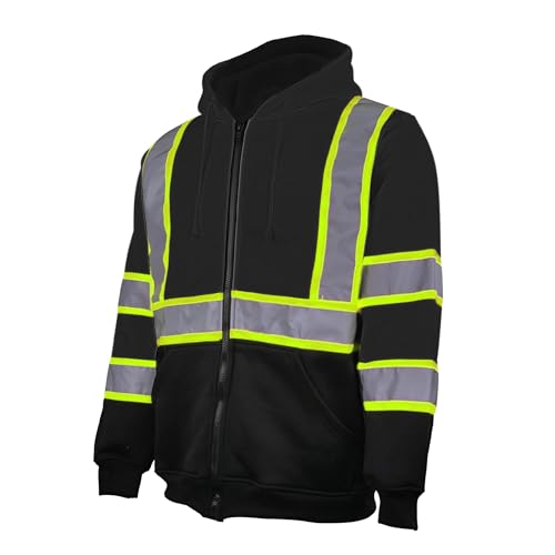 Hi Vis Safety Hoodie for Men ANSI Class 3, Reflective Jacket Zip Hoodie with Black Bottom for Construction Work