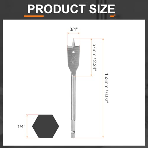 HARFINGTON 3Pcs Spade Drill Bit 3/4" Paddle Flat Bits Wood Hole Cutter with Quick Change 1/4 Inch Hex Shank for Woodworking Fiberglass, Silver Tone