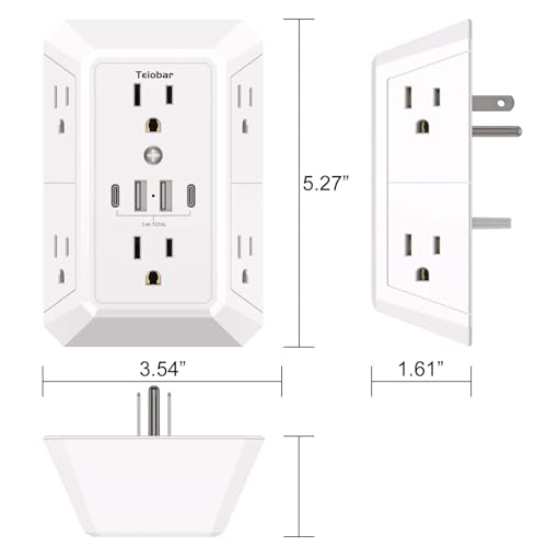 Teiobar White Wall Outlet Surge Protector with 6 Outlets & 4 USB Ports - Non-Night Light, 6-Outlets Version