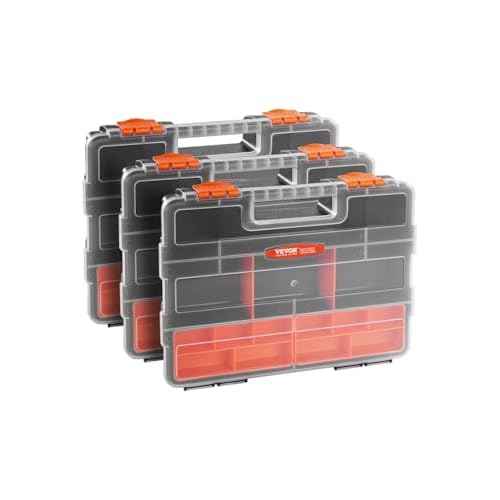 VEVOR 3-Pack Small Parts Organizer, 21 Compartments Tools Organizer Box with Removable Dividers, PP Hardware Storage Box with Safety Latch & Portable Handle for Nuts, Bolts, Screws, Nails