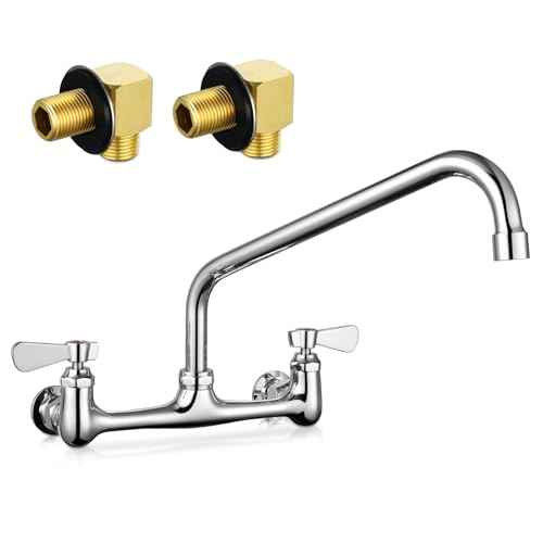 Kitchen Sink Faucet Wall Mount - 8 Inch Center Wall Mount Commercial Kitchen Sink Faucet with 12" Swivel Spout - Dual Lever Handles - Brass Constructed & Chrome Polished