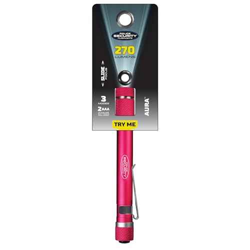 Police Security Aura Penlight Flashlight - 270 Lumens - 90 Meter Beam Distance - Ultrabright, Water Resistant, Durable & Compact Penlight w/Adjustable Slide Focus, Light Up Bezel & Belt Clip - (Pink)