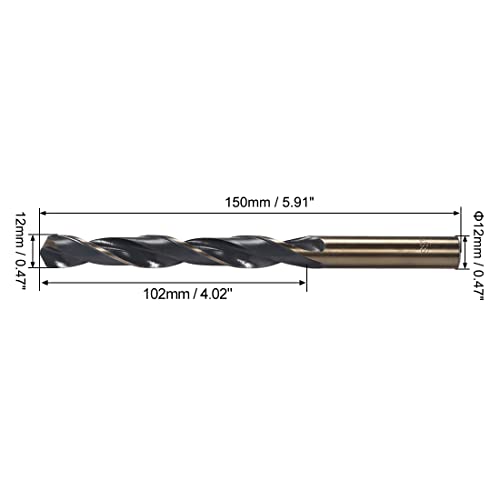 uxcell Straight Shank Twist Drill Bits 12mm Gold Titanium & Black Nitride Coated High Speed Steel (HSS) 4341 with 12mm Shank for Stainless Steel Alloy Metal Plastic Wood