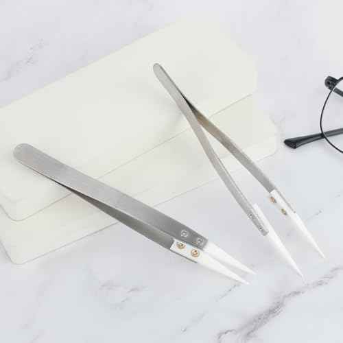 Ceramic Tweezers, 2pcs Stainless Steel Ceramic Precision Tweezers for Electronics, Non-Conductive Anti Static High Temperature Resistant Fine Point Tweezers for Precision Electrical Operation
