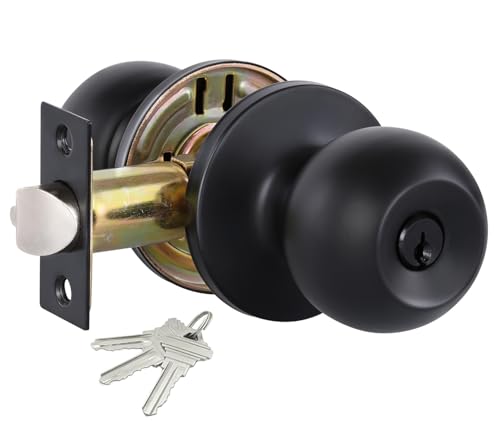 1 Pack Matte Black Door Knobs with Lock & Keys for Interior/Exterior Use - Easy Install