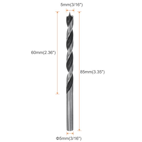 HARFINGTON 10pcs Brad Point Drill Bits 5mm (3/16") Dia Straight Round Shank Metric Brad Point Spiral Twist Drill Bits for Softwood Hardwood Plywood Plastic Rubber, Silver Tone