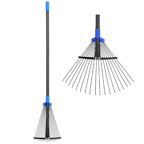 Heavy Duty Adjustable Metal Leaf Rake with Long Handle & Expandable Head for Gardening