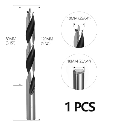 Brad Point Wood Drill Bits for Woodworking, 10mm (25/64") Dia Brad Point Drill, Carbon Steel Metric Brad Point Drill Bits with Double Flutes Design for Soft & Hard Woods MDF Acrylic