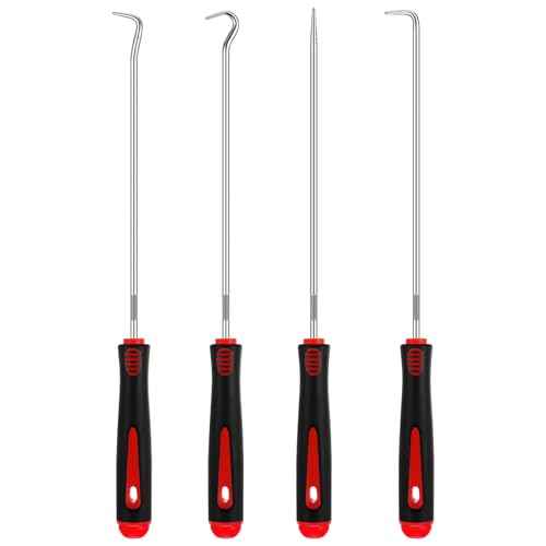 WILLBOND 4 Pcs Pick and Hook Set Precision Automotive Mechanic Picks Tools Set for Car Oil Seal Hooks Puller Remover Tools (9.45 Inches,Red)