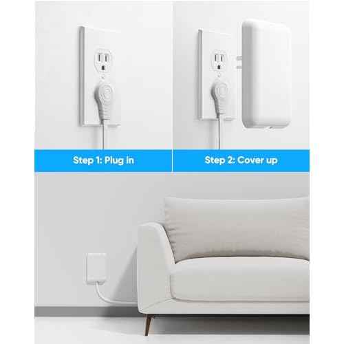 Flat Extension Cord with Outlet Cover, Flat Plug Power Strip with 6 Outlets and 3 USB Ports, 2000 Joules Surge Protector, 5 FT Cord Hidden Outlet Extender for Tight Spaces, White
