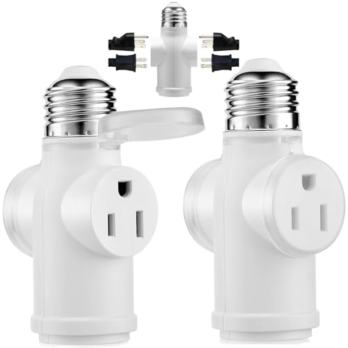 Onite 2-Pack White Light Socket Outlet Adapter - E26 to 3-Prong Outlet with Bulb Socket, Dust Cover, Indoor & Outdoor Use