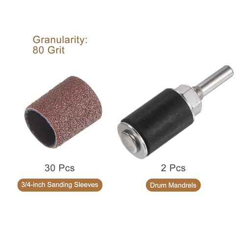 uxcell 30 Pcs 3/4 Inch Sanding Sleeves Sandpaper Set 80 Grit with 2 Pcs 0.79 Inch Drum Mandrels for Rotary Tools