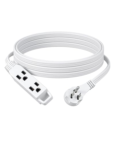 White 15FT Flat Plug Extension Cord with 3 Grounded Outlets, 16/3 SPT-3