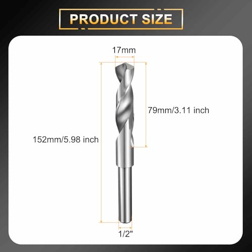 HARFINGTON 17mm Drill Bit 1/2" Reduced Shank Round 4241 High Speed Steel Uncoated (Bright) 118¡Æ Standard Point for Plastic Wood Copper Aluminum Iron Medium Soft Metal