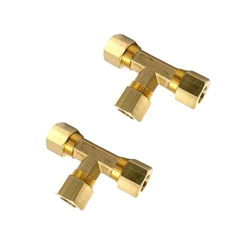 2 Pcs 3/8" Compression Tee, 3/8" OD x 3/8" OD x 3/8" OD Copper Tubing Fittings 90 Degree Brass T Tube Fitting for Gas Line, Oil Pressure Gauges and Air Compressor