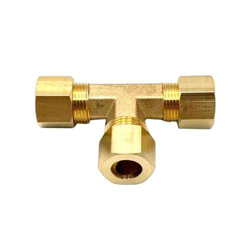 2 Pcs 3/8" Compression Tee, 3/8" OD x 3/8" OD x 3/8" OD Copper Tubing Fittings 90 Degree Brass T Tube Fitting for Gas Line, Oil Pressure Gauges and Air Compressor