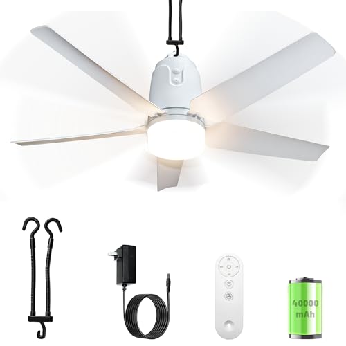 SHUNLEE 31.5 Inch Rechargeable Outdoor Ceiling Fan with Light & Remote, 4 Speeds, Dimmable Canopy Fan for Patio, Camping, Gazebo