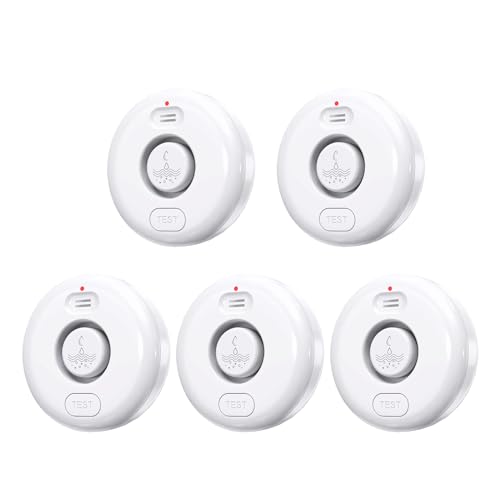 RUIKORING 5 Pack Water Leak Alarm Detector IP67 Waterproof, Adjustable 0-120dB - White