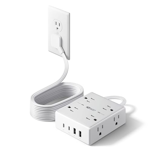 SUPERDANNY White 10FT Flat Plug Surge Protector Power Strip with USB-C & USB-A, 12 Outlets, Wall Mountable
