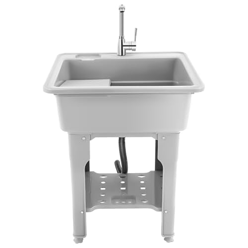 Plastic Freestanding Laundry Sink with Faucet & Washboard - Grey, 25.6x21.65x31.5 inches