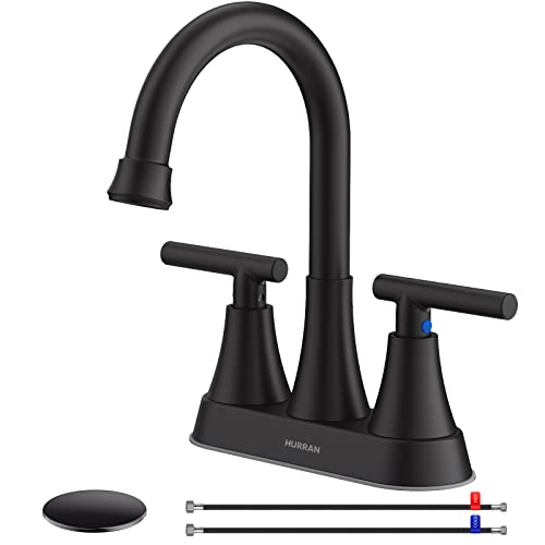 Hurran Matte Black 4-Inch Centerset Bathroom Faucet with 2 Handles, Lead-Free