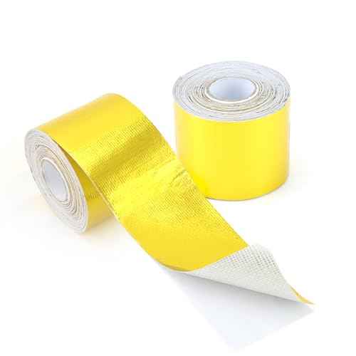 QWORK 2 Rolls Heat Shield Tape, Gold, 2 Inch x 32.8 ft, Self-Adhesive, High Temp Resistant Aluminum Foil Barrier, Up to 500¡É, for Automotive, Home, Computer Repair
