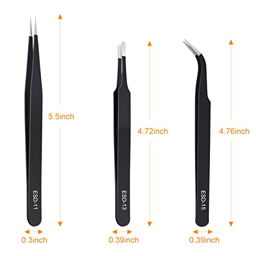 3PCS Precision Tweezers Set - Anti-Static Stainless Steel ESD Safe for Electronics & Crafts