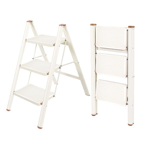 Valeo Cream White 3-Step Foldable Ladder with Wide Anti-Slip Pedals, Supports 330 LBS