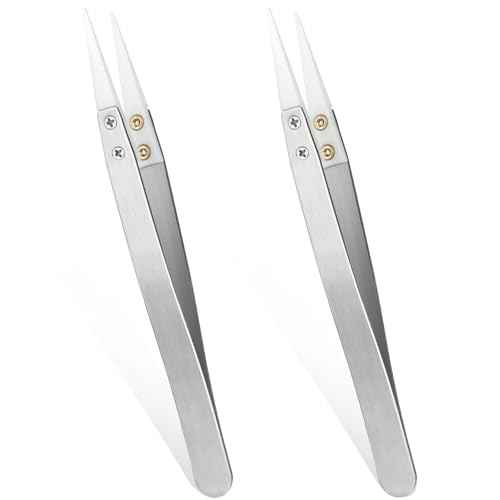 Ceramic Tweezers, 2pcs Stainless Steel Ceramic Precision Tweezers for Electronics, Non-Conductive Anti Static High Temperature Resistant Fine Point Tweezers for Precision Electrical Operation