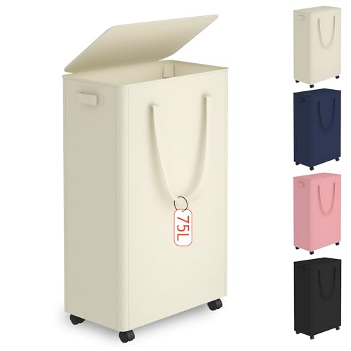 Vincona 75L Slim Rolling Laundry Hamper with Lid, Beige, 26.8" Tall, 4-Wheel Foldable