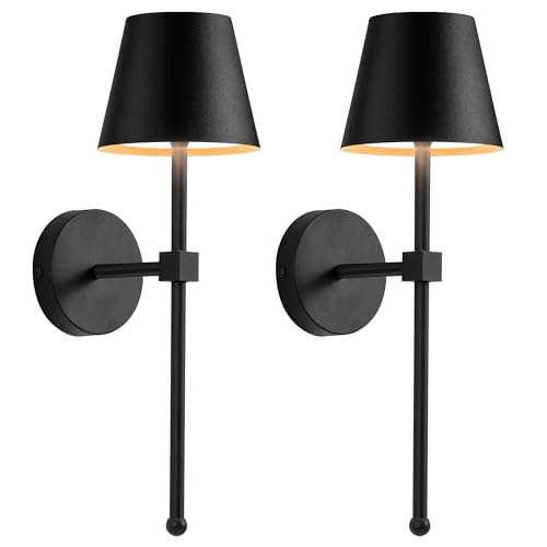 KDG Wireless Wall Sconces Set of 2, Small Cordless 5200mAh Rechargeable Battery LED Wall Lamps, Stepless Dimming Lightings for Wall Painting, Living Room, Bedroom, Hallway, Gifts, Night Light (Black)