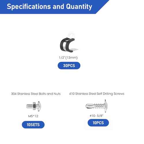 60pcs 1/2 Inch Stainless Steel Cable Clamps And Stainless Screws,Rubber Coated Cushioned Insulated Cable Clamp,Automotive Cable Wire Clamps,Pipe Clamps