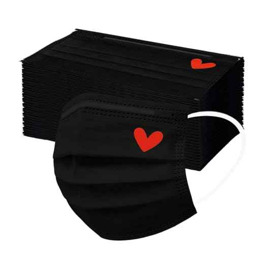 50Pcs Cute Disposable Face Masks for Adults, Black Face Masks with Pink Heart Printed 3Ply Breathable Full Face Protection
