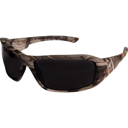 Edge TXB216CF Brazeau Polarized Wrap-Around Safety Glasses, Anti-Scratch, Non-Slip, UV 400, Military Grade, ANSI/ISEA & MCEPS Compliant, 5.04" Wide, Forest Camo Frame/Smoke Lens