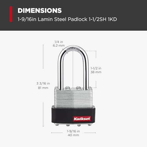 Kwikset Laminated Steel Padlock 1-1/2" Shackle Silver - Heavy Duty Security