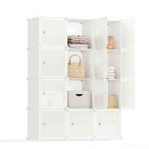 SONGMICS Cube Storage Organizer, Set of 12 Plastic Cubes, Closet Storage Shelves, DIY Plastic Closet Cabinet, Modular Bookcase, Shelving with Doors for Bedroom, Living Room, Cream White ULPC342W02