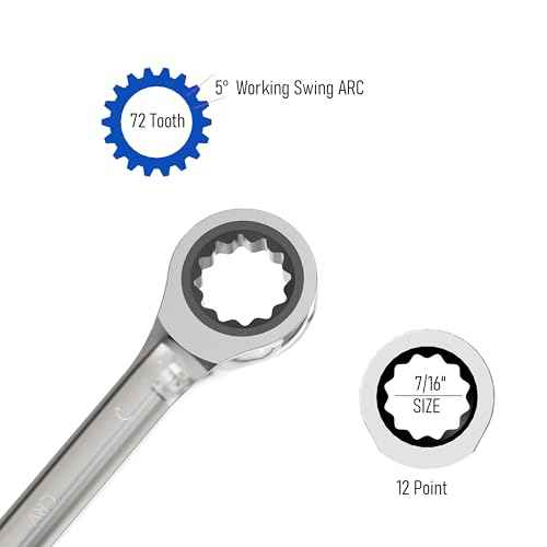 7/16 Inch Anti-slip Stubby Ratcheting Combination Wrench SAE 72 Teeth 12 Point Ratchet Box Ended and Open End Spanner Tools for Tight Space, Heat-Treated CR-V