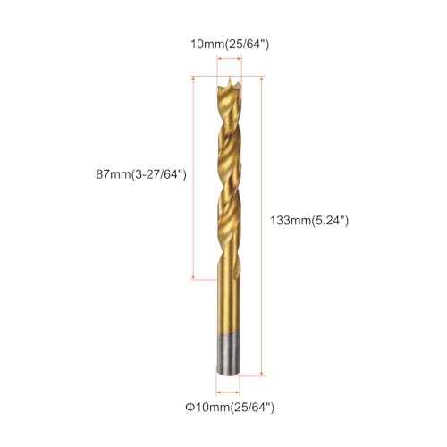 HARFINGTON Brad Point Drill Bit 10mm(25/64") Dia Straight Round Shank Drill Metric Brad Point Spiral Twist Drill Bits for Carpenter Woodworking Plastic Rubber, Golden